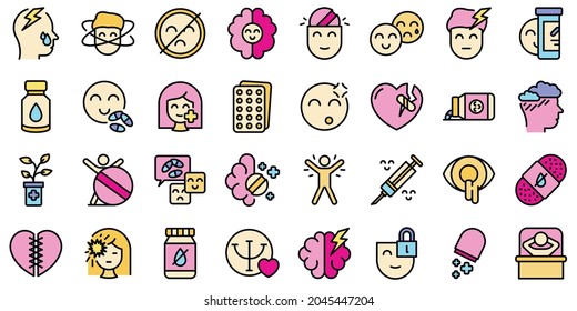 Iconos antidepresivos establecidos. Conjunto de esquemas de iconos vectoriales antidepresivos color de línea delgada plano aislado en blanco