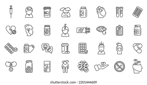 Antidepressant icons set outline vector. Family health. Sad mental