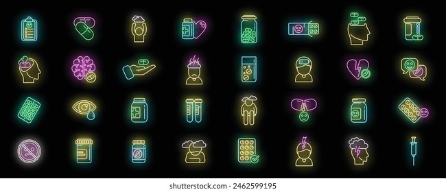 Antidepressant icons set outline vector. Family health. Sad mental neon color on black
