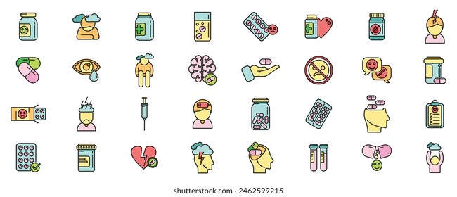 Antidepressant icons set outline vector. Family health. Sad mental thin line color flat on white