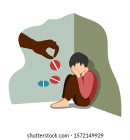 Antidepressant saving boy from depression.An unhappy little boy sat and covered his face with his palm. Depressed teenager. Flat illustration design.