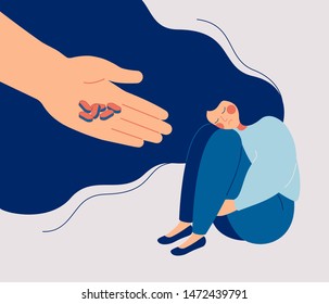 Antidepressant saving woman from depression. Apathetic sad girl sitting and hugging her knees. Concept of medication treating illness or disorder. Cartoon flat vector illustration.