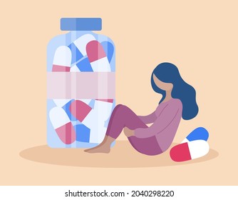 Antidepressiva Kapseln in Glas. Depressive Frau sitzend und Tabletten für psychische Erkrankungen. Trauriges Mädchen. Depressionskonzept. Vektorflache Illustration.