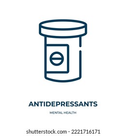 Antidepressants icon. Linear vector illustration from mental health collection. Outline antidepressants icon vector. Thin line symbol for use on web and mobile apps, logo, print media.