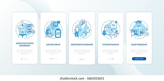 Antidepressants side effects onboarding mobile app page screen with concepts. Abdominal disorder, insomnia walkthrough 5 steps graphic instructions. UI vector template with RGB color illustrations
