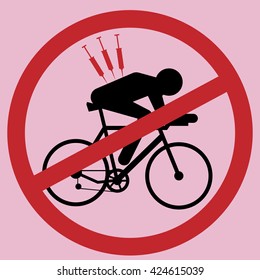 Anti-doping cycling vector illustration - abstract figure of cyclist on bicycle with syringe in his back on pink background