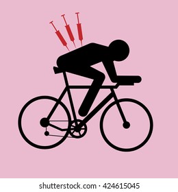 Anti-doping cycling vector illustration - abstract figure of cyclist on bicycle with syringe in his back on pink background