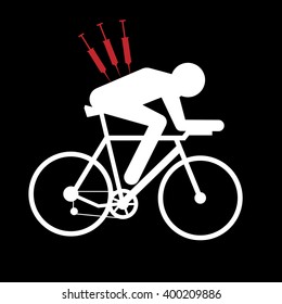 Anti-doping vector cycling illustration - abstract figure of cyclist on bicycle with syringe in his back
