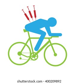 Anti-doping vector cycling illustration - abstract figure of cyclist on bicycle with syringe in his back