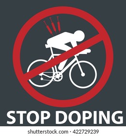 Anti-doping vector illustration - abstract figure of cyclist on bicycle with syringe in his back. Medical cheat in cycling sport concept drawing
