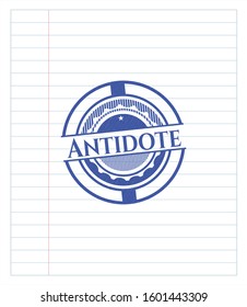 Antidote Emblem With Pen Effect. Blue Ink. Vector Illustration. Detailed.