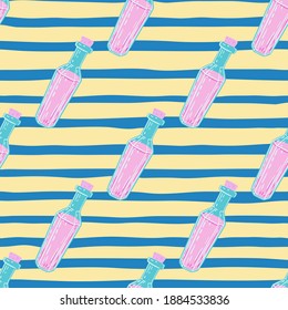 Antidote seamless pattern with pink and blue colored flask ornament. Blue and yellow striped background. Designed for fabric design, textile print, wrapping, cover. Vector illustration