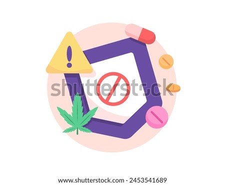 anti-drug day concept. stop using illegal drugs. don't use drugs. illustration of shield with prohibition sign, warning sign, symbol of marijuana leaf, capsule medicine, tablet medicine. illustration 