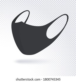 Anti-dust black face mask fabric. Protect against germs, bacteria, dust, mucus and saliva. Realistic vector illustration on transparent background