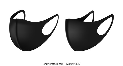 Anti-Dust Black Face Mask Vector For Running. Vector 3d realistic industrial safety respiratory face mask in black. Isolated illustration in side and front view. Safe breathing anti virus protection.