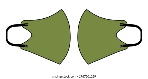 Anti-Dust Olive Green Face Mask Fabric With Side Views Vector