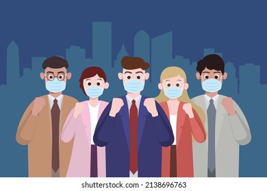 Anti-epicdemic, covid-19 illustration. Group of multiracial business people wearing surgical mask are cheering up with their fists on. Community of common destiny for all mankind.Flat cartoon style.  