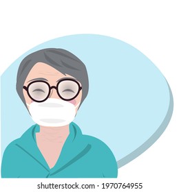 Anti-fog solution banner is foggy surfaced lens design with copy space to fill heading. The o woman is wearing foggy glasses is cartoon drawing vector illustrated for UX glasses optometry for elderly 