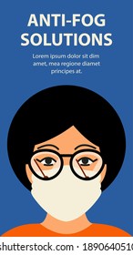 Soluciones anti-niebla. Gafas de fogueo cuando se usan gafas y máscaras en tiempo frío. Plantilla vectorial de pantalla de la página de aplicación móvil en el inicio. Retrato de mujer en gafas con limpiaparabrisas de condensación.