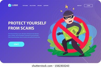 anti-fraud landing page. a thief steals your money. Flat character vector illustration.