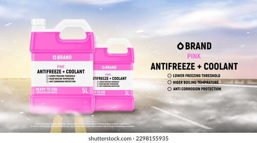 Banner publicitario anticongelante o refrigerante. Ilustración vectorial 3d realista con botellas de refrigerante o anticongelante en carretera con niebla. Banner promocional de anticongelante rosado para el sistema de refrigeración del coche.