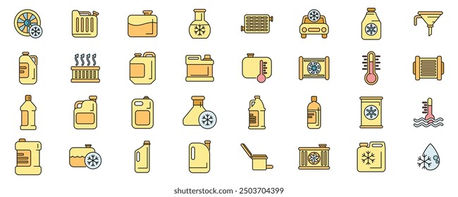 Líquido anticongelante en botellas y latas para enfriar el motor y evitar la congelación de los íconos Vector establecido