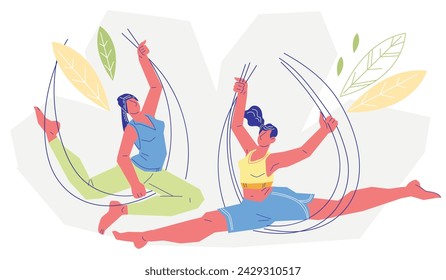 Antigravedad volar clases de yoga de fondo de pancarta. Personajes femeninos practican yoga aéreo con hamacas de lona, ilustración vectorial plana aislada sobre fondo blanco.