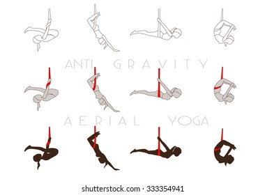Anti-Gravity yoga. Aerial yoga training icons, vector illustration