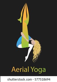 Anti-Gravity yoga vector illustration. Aerial yoga training. Girl in hammock doing fly yoga