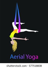 Anti-Gravity yoga vector illustration. Aerial yoga training. Girl in hammock doing fly yoga