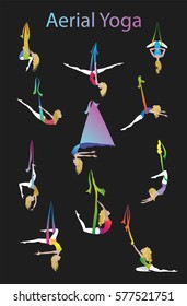 Anti-Gravity yoga vector illustration. Aerial yoga training. Girl in hammock doing fly yoga. Set of aerial yoga positions