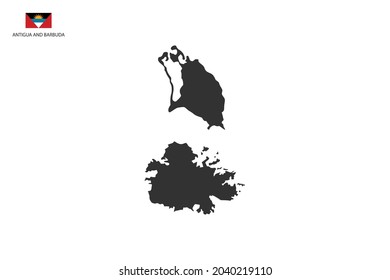 Antigua and Barbuda black shadow map isolated on white background with Antigua and Barbuda icon flag on the left corner.