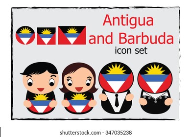 Antigua and Barbuda boy, girl, businessman, business women cartoon vector illustration and Antigua and Barbuda round, square and normal flag icon set

