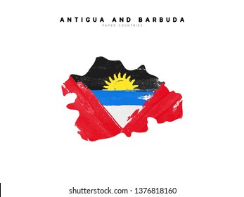 Antigua and Barbuda detailed map with flag of country. Painted in watercolor paint colors in the national flag.