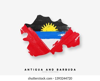 Antigua and Barbuda detailed map with flag of country. Painted in watercolor paint colors in the national flag.