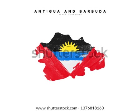 Antigua and Barbuda detailed map with flag of country. Painted in watercolor paint colors in the national flag.