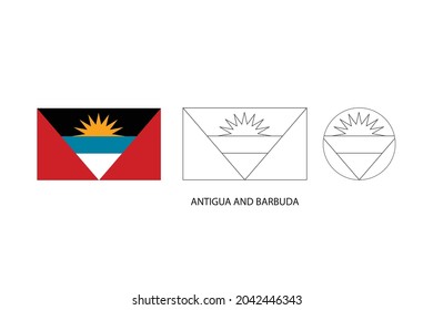 Antigua and Barbuda flag 3 versions, Vector illustration, Thin black line of rectangle and the circle on white background.