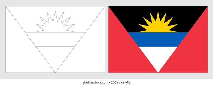 Antigua and Barbuda flag - coloring page. Set of white wireframe thin black outline flag and original colored flag.