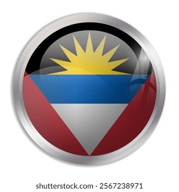 Antigua and Barbuda flag - glossy circle button displays a colorful flag representing a country cultural identity and heritage. The essence of national pride and unity.