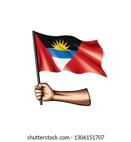 Antigua and Barbuda flag and hand on white background. Vector illustration