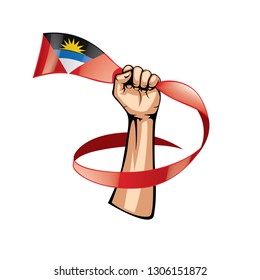 Antigua and Barbuda flag and hand on white background. Vector illustration