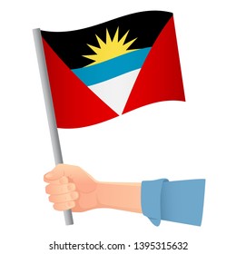 Antigua and Barbuda flag in hand. Patriotic background. National flag of Antigua and Barbuda vector illustration