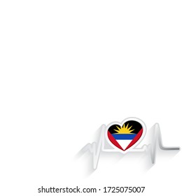 Antigua and Barbuda flag heart shaped and heartbeat line isolated on white. Antigua and Barbuda Patriotic Background. Vector illustration.