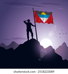 Antigua and Barbuda Flag hoisted on a mountain peak with a purplish sunset in the background, vector illustration