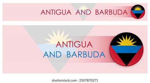 Antigua und Barbuda Fahne horizontalen Web-Banner im modernen Neomorphismus Stil. Startseite Antigua Land Header-Taste für mobile Anwendung oder Internet-Site. Vektorgrafik