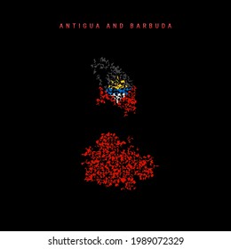 Antigua und Barbuda Fahnenkarte, chaotische Partikel Muster in den Farben der angtiguanischen Barbudan Fahne. Vektorgrafik einzeln auf schwarzem Hintergrund.