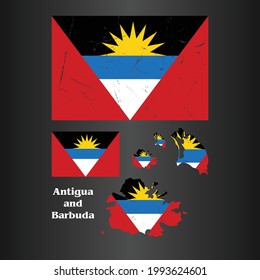 Bandera de Antigua y Barbuda con mapa en textura gruesa. Plantilla de vectores.