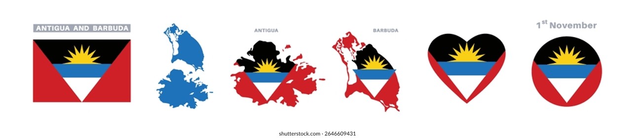 antigua and barbuda flag and map set. flag in official colors and proportions. independence day 1 november, map, circle and heart shaped antigua and barbuda	