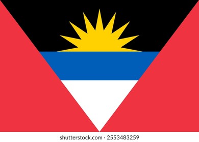 Antigua and Barbuda flag in official colors, dimensions and aspect ratio. Vector flag symbolizing national pride, identity, heritage, patriotism and authority