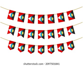 Antigua and Barbuda flag on the ropes on white background. Set of Patriotic bunting flags. Bunting decoration of Antigua and Barbuda flag